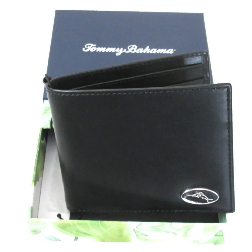 Tommy Bahama Men's Slim Bi Fold Black Genuine Leather Wallet Embossed Marlin NIB